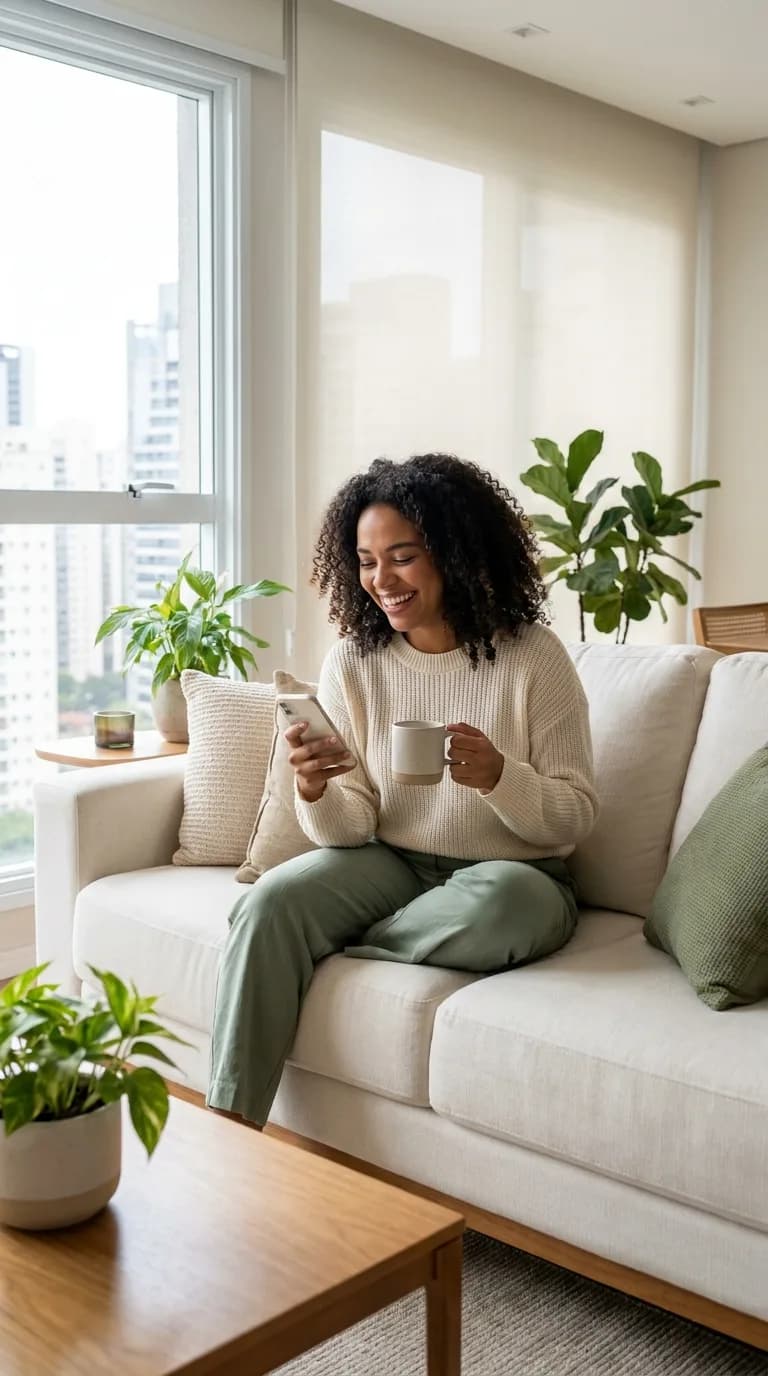 Jovem comparando imóveis pelo celular em um ambiente claro