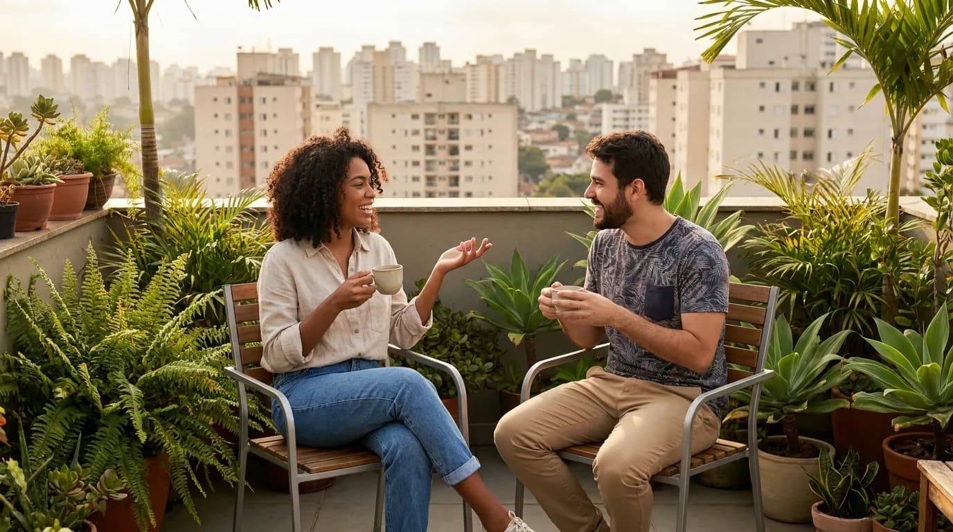 Jovens conversando em uma área comum clara com São Paulo ao fundo