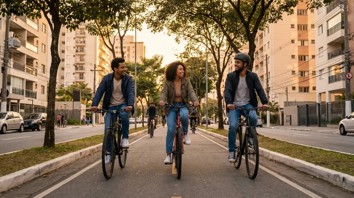 Jovens usando bicicleta perto de prédios residenciais em São Paulo