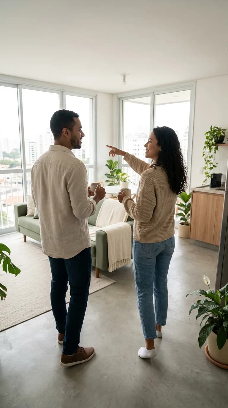 Jovem casal conhecendo um apartamento claro em São Paulo